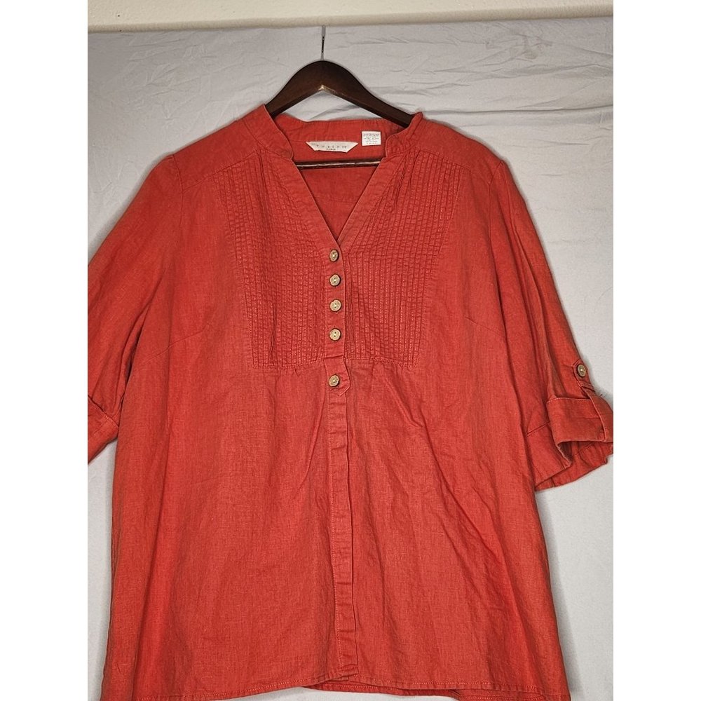 Tweeds Woman Orange  Linen tunic Blouse button front‎ 3/4 sleeves  Size 2X